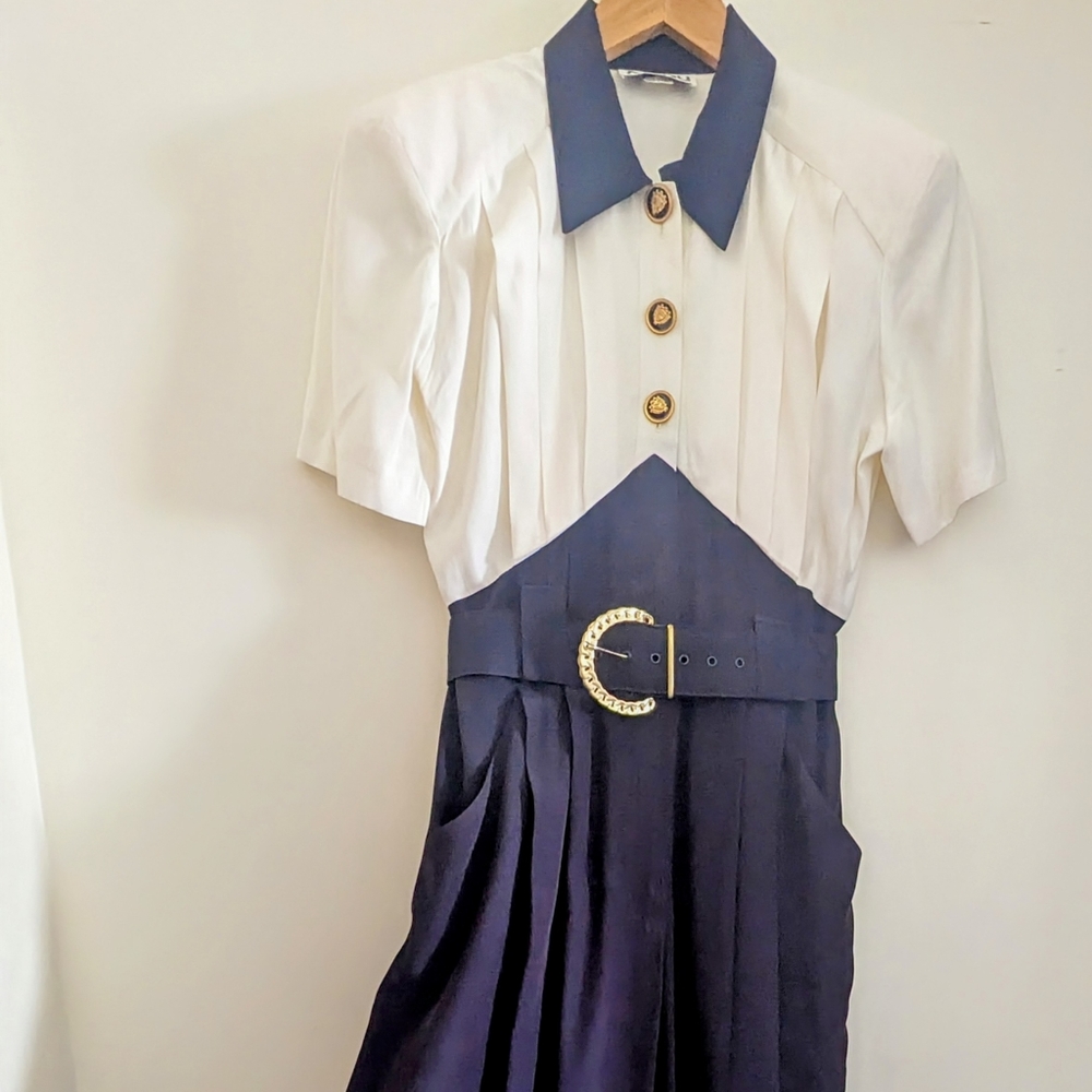 MENU Two-Tone Navy and Cream Pleated Jumpsuit with Belt